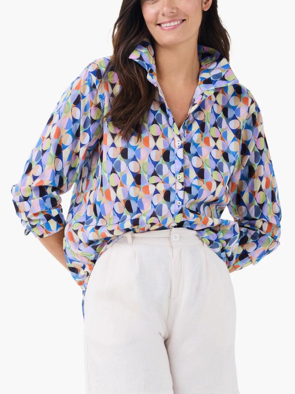 NIC+ZOE Social Circles Boyfriend Button Down Shirt Blue Multi Size M Geometric